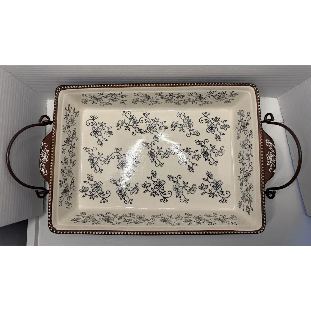 Temp-tations Floral Lace 13x9 Baking Dish Black Brown 4 QT Rack,Lid Hot Plate